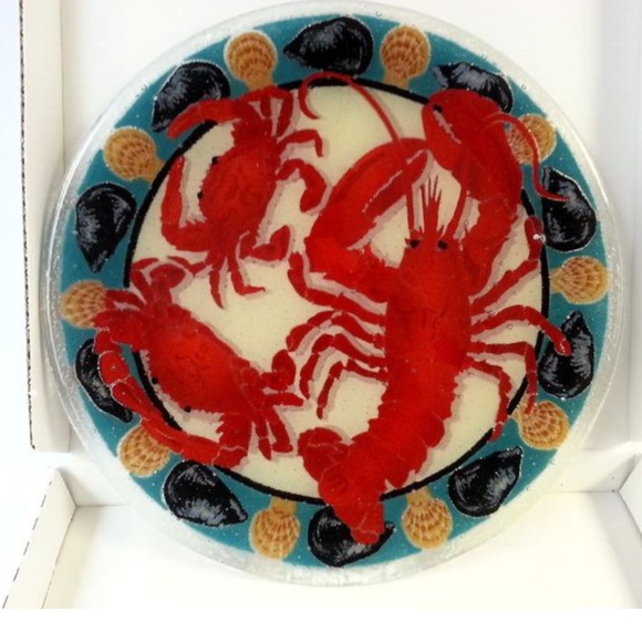 (Host Pick) Peggy Karr RARE Lobster&crabs Artist Glass 16” Round Serving Platter - Picture 1 of 6